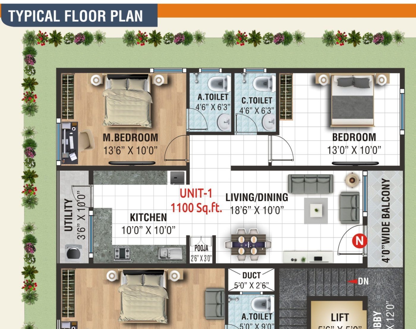 Elite Aura Unit 1 1100 sq ft 2 BHK floor plan