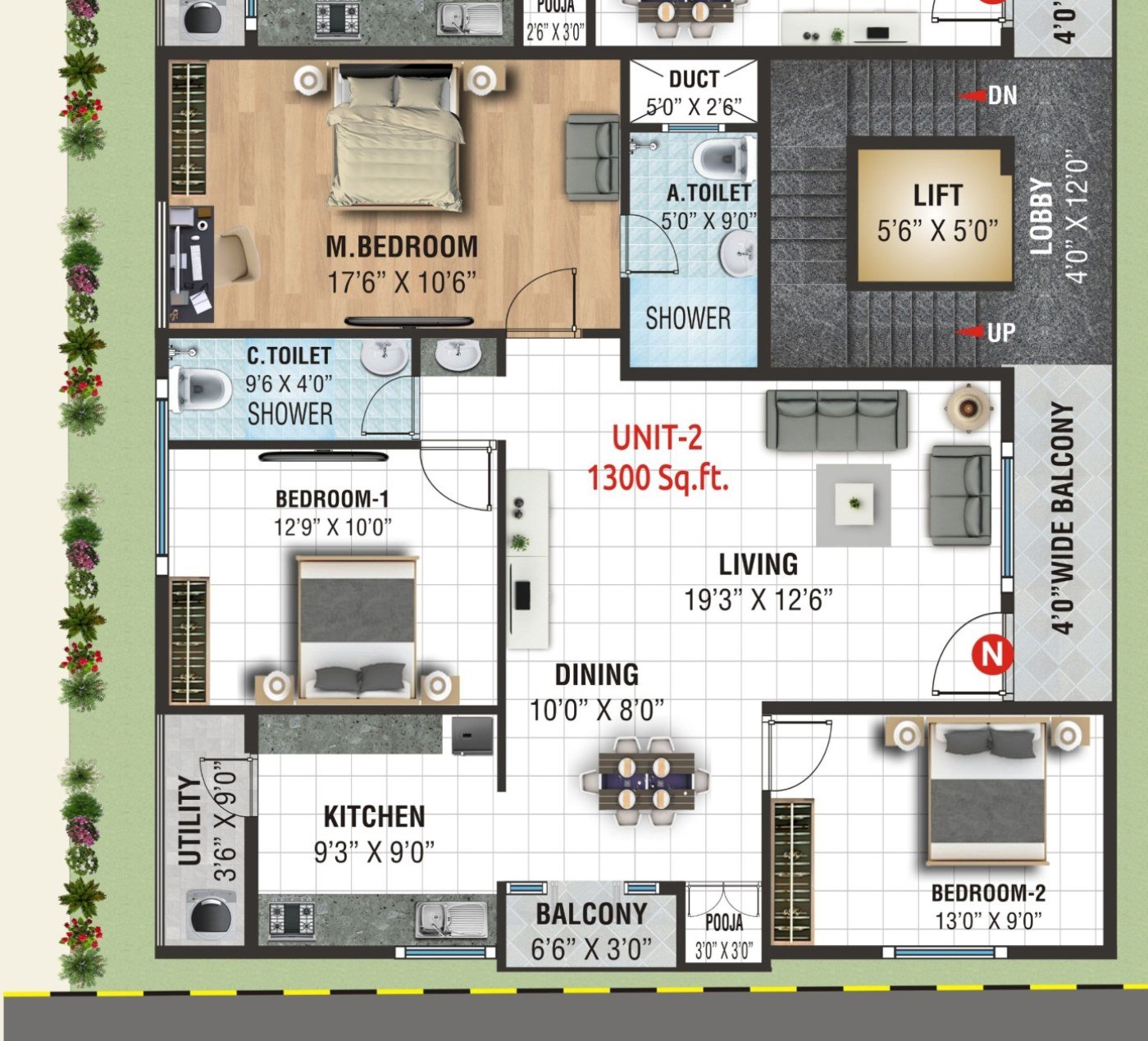 Elite Aura Unit 2 1300 sq ft 3 BHK floor plan