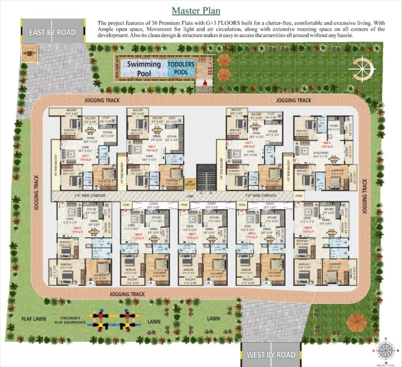 Elite Brookvale master plan with nine homes, pools, lawns and jogging track