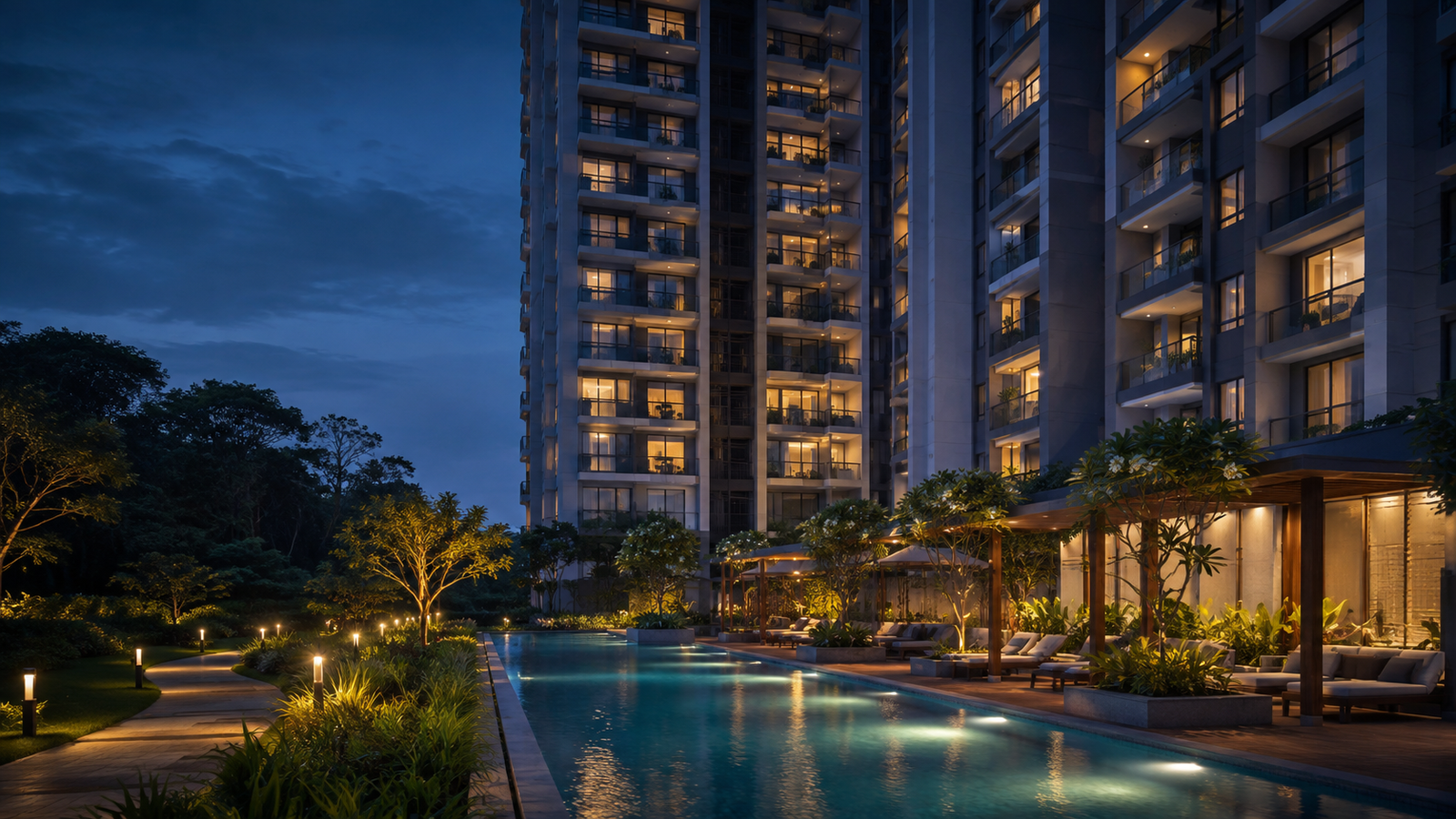 Premium residential apartment community with a landscaped pool deck at blue hour