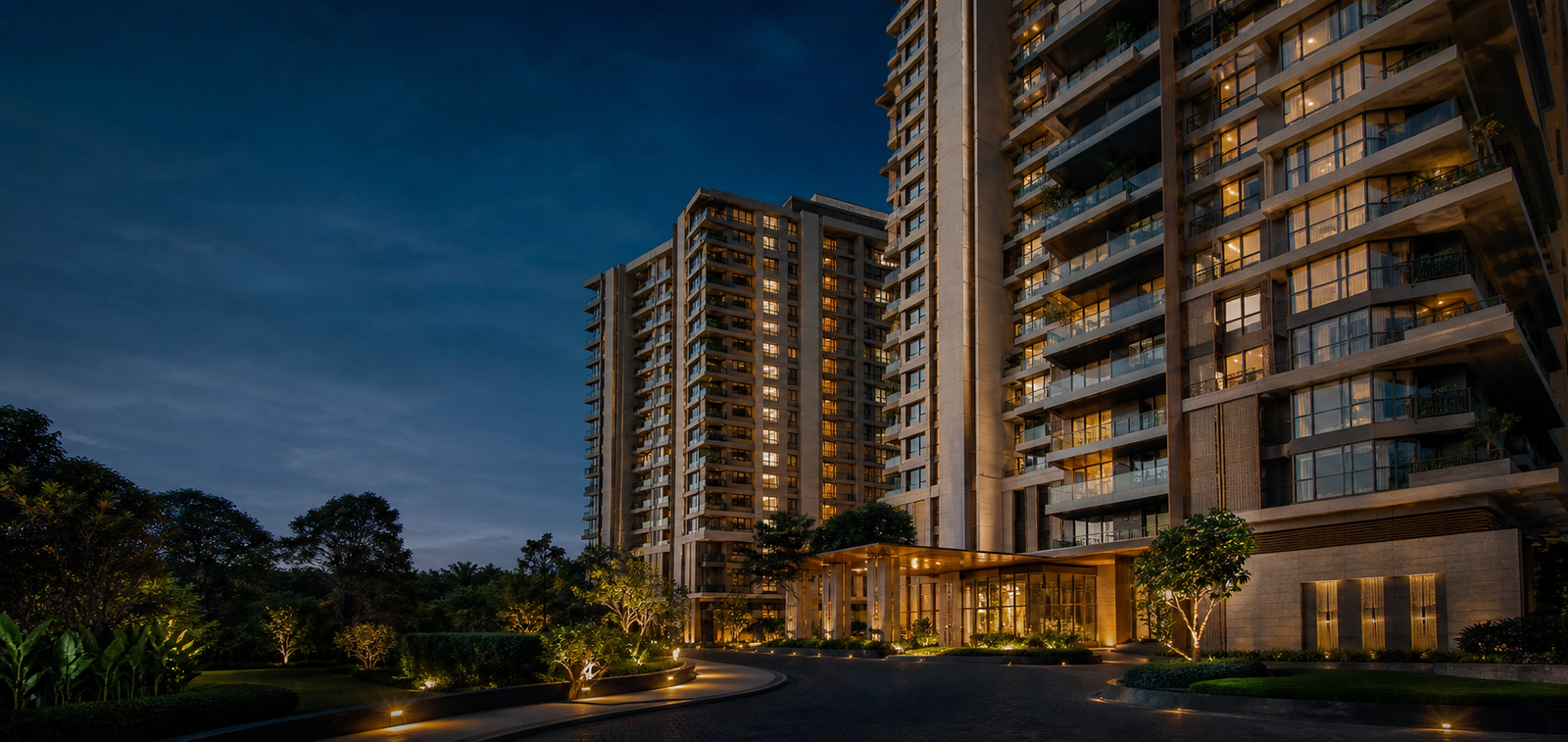 Premium Elite Green Arc residential apartment towers at blue hour