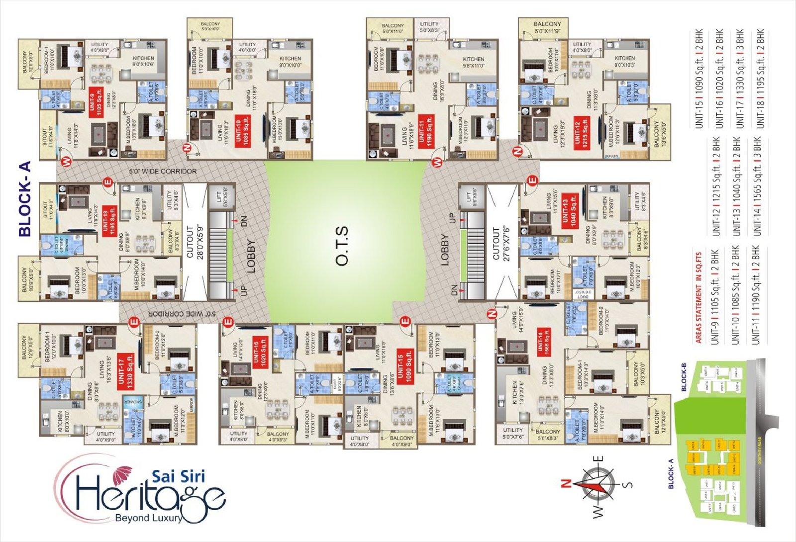 Sai Siri Heritage Block A units 9 to 18 floor plans around the open-to-sky court