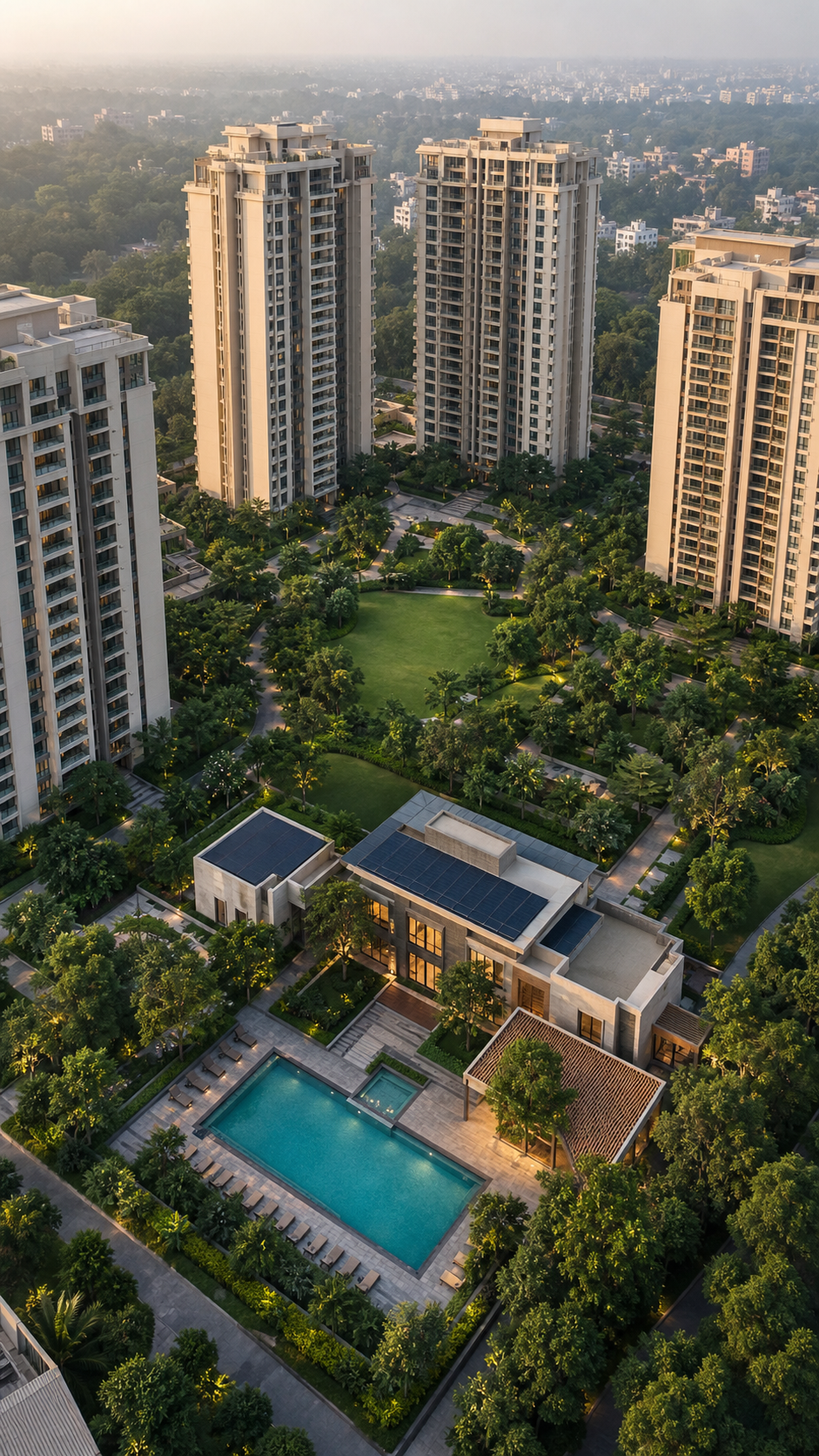 Aerial view of an Elite Green Arc residential community and clubhouse