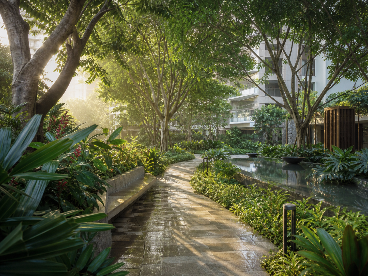 Landscaped garden and walking path within the community