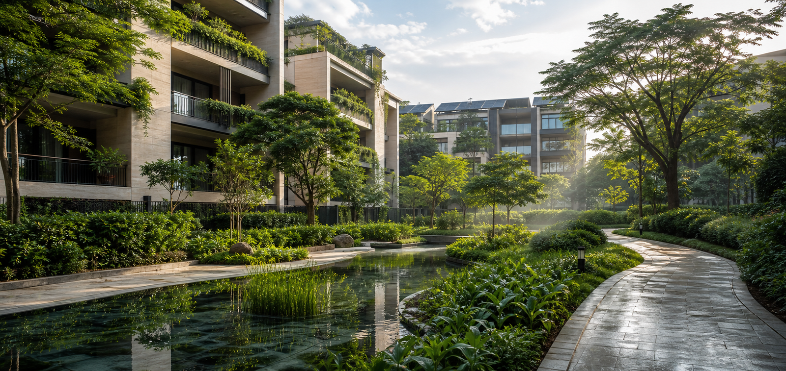 Sustainable residential community with green terraces, solar energy and water-conscious landscaping